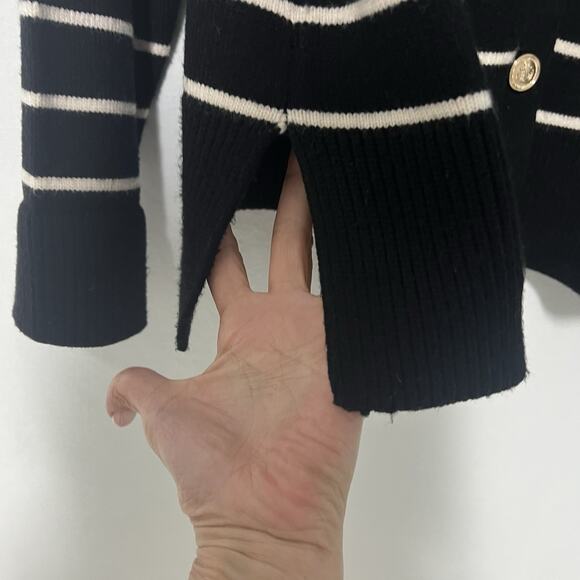 Zara Women's Lady Knit Cardigan Large Gold Buttons Black Ivory Striped Career - Picture 5 of 11